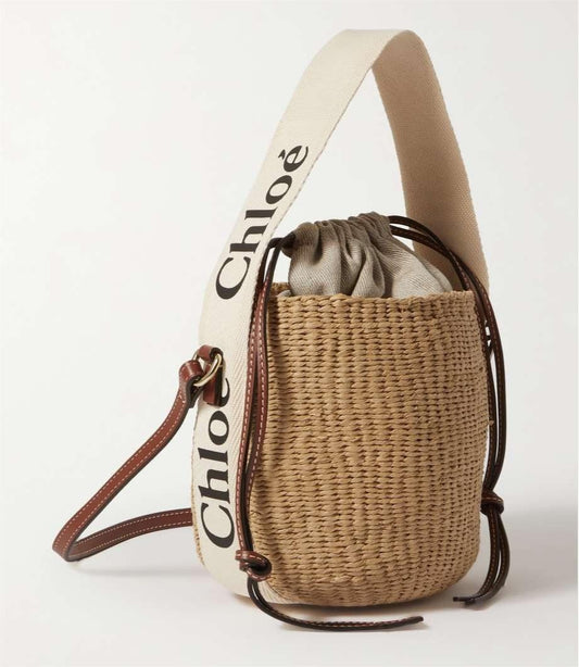 CHLOÉ Woody small leather-trimmed raffia basket bag