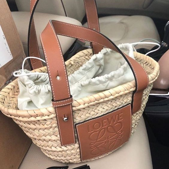 Loewe Brown/Cream Raffia and Leather Basket Tote