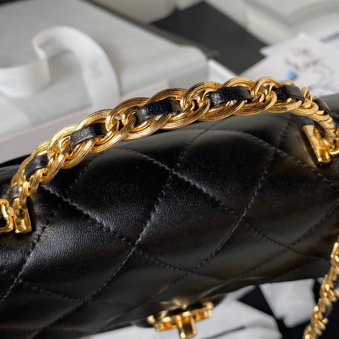 Chanel Flap Bag Gold Top Handle Black - 13X21X8cm