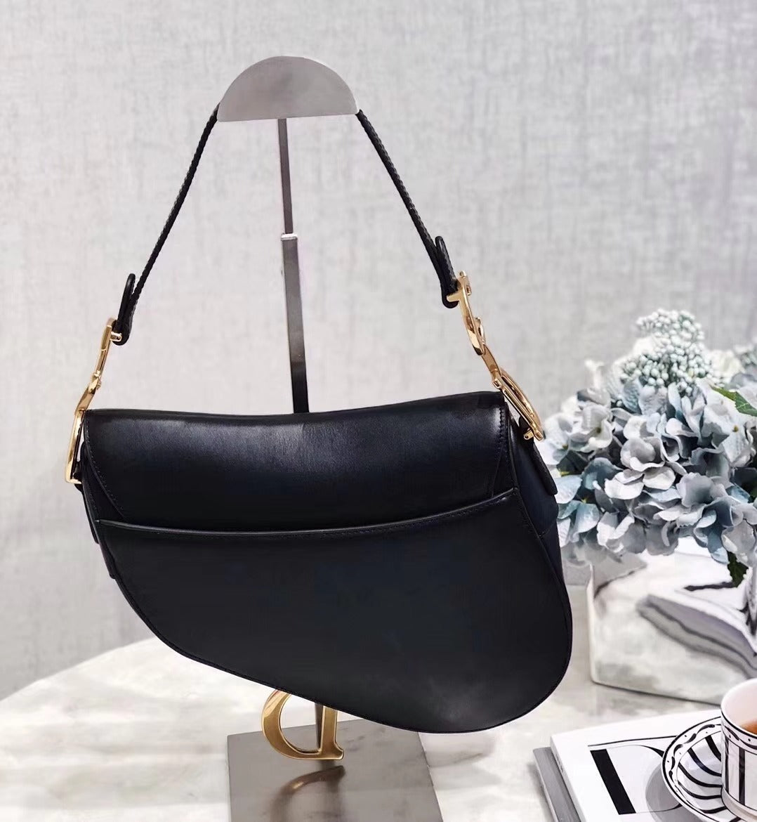 Dior Vintage Ostrich Black Leather Saddle Bag With Gold Ornaments