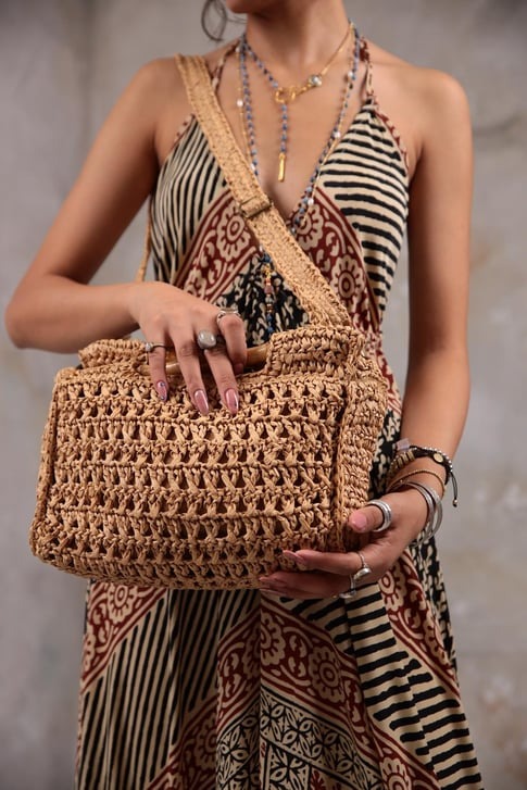 Camel Bamboo Handle Straw Bag