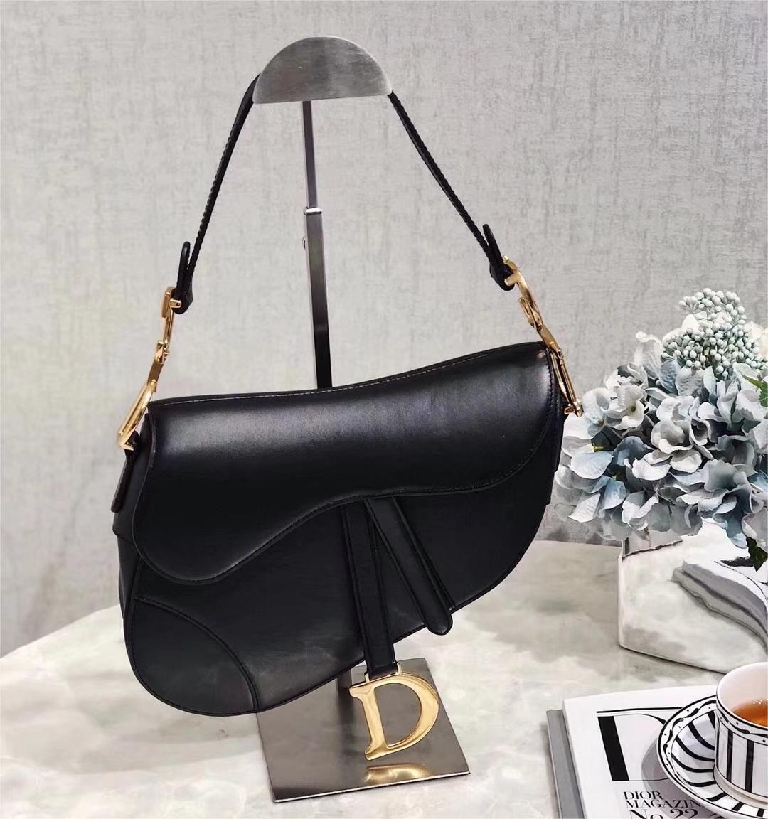 Dior Vintage Ostrich Black Leather Saddle Bag With Gold Ornaments