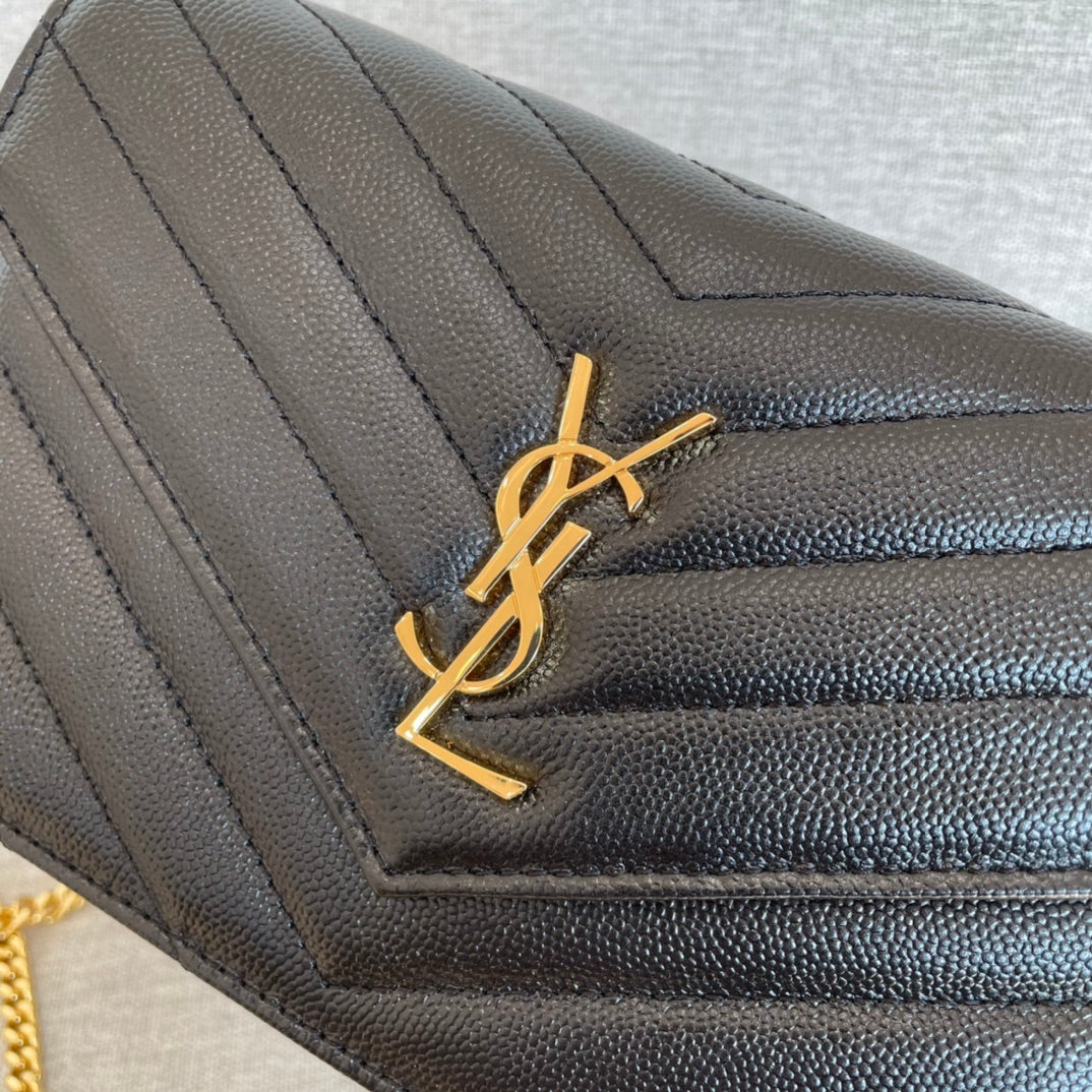 YSL  Cassandre Envelope Chain Wallet Black Grain Leather Golden Hardware 19 cm