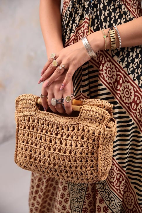 Camel Bamboo Handle Straw Bag