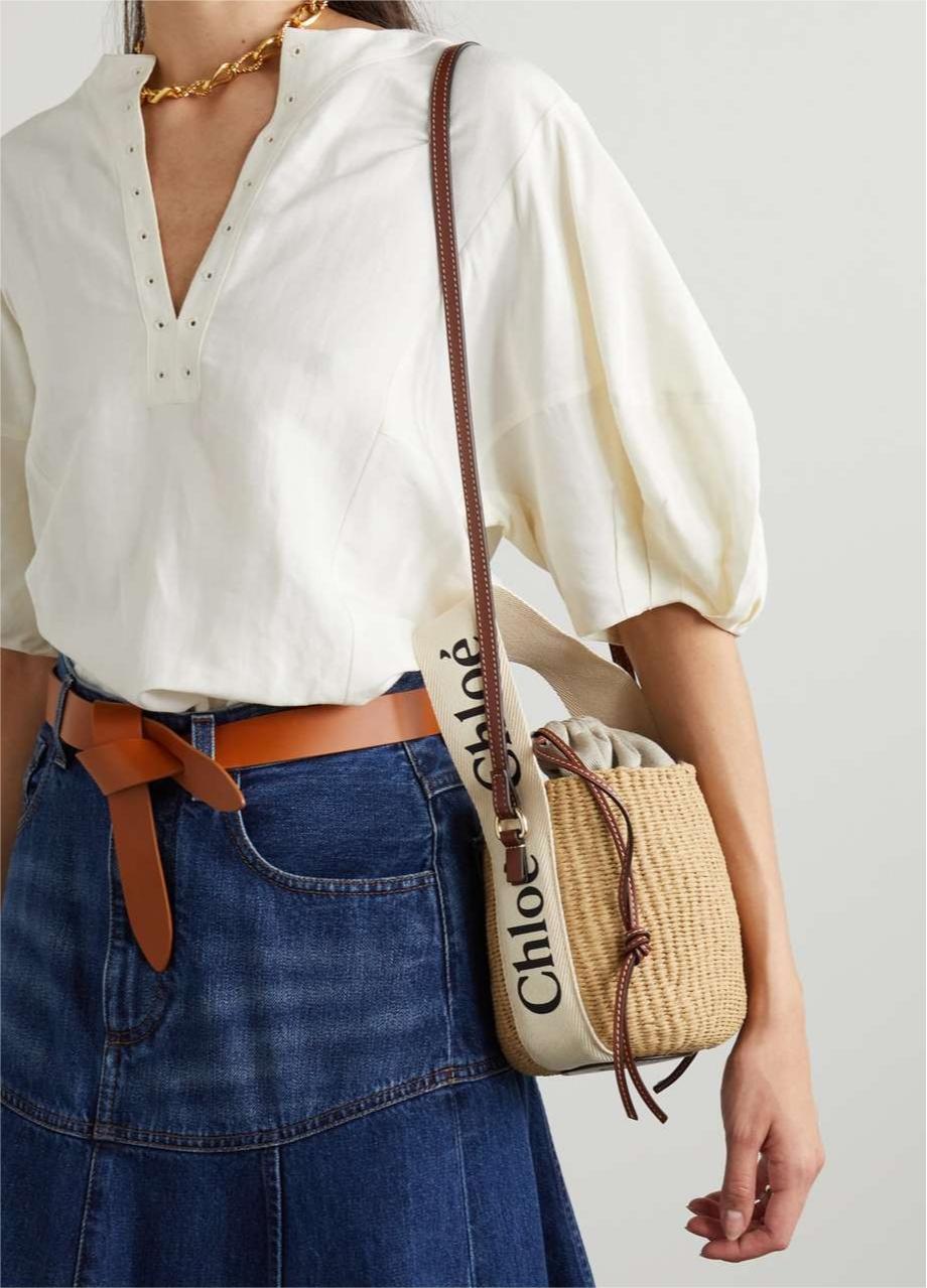 CHLOÉ Woody small leather-trimmed raffia basket bag