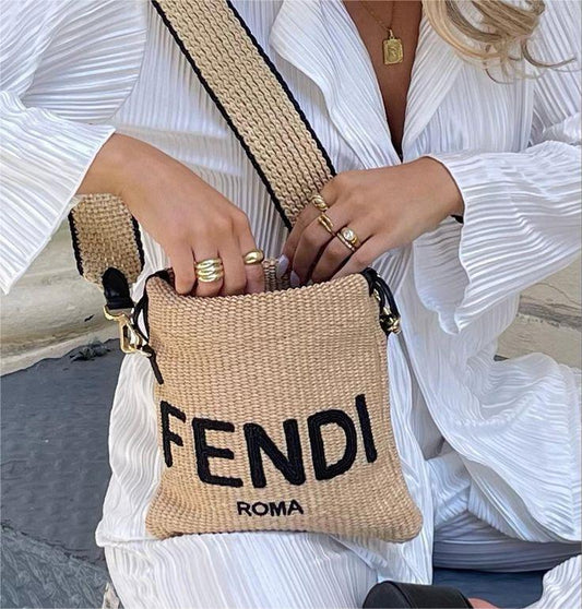 FENDI Sack Small Woven Straw Bag In Beige