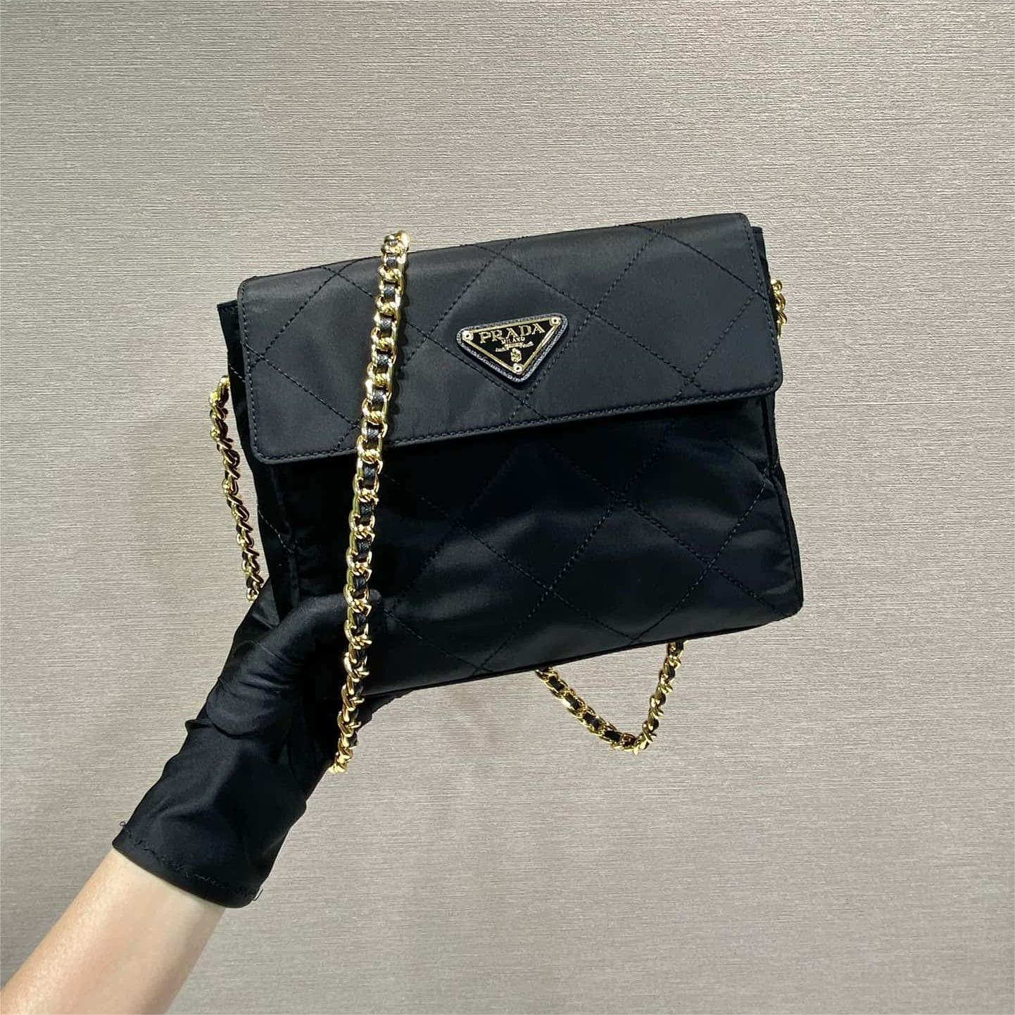 Prada Tessuto Flap Nylon Shoulder Bag With Chain Strap Kaialux 23x18x6cm