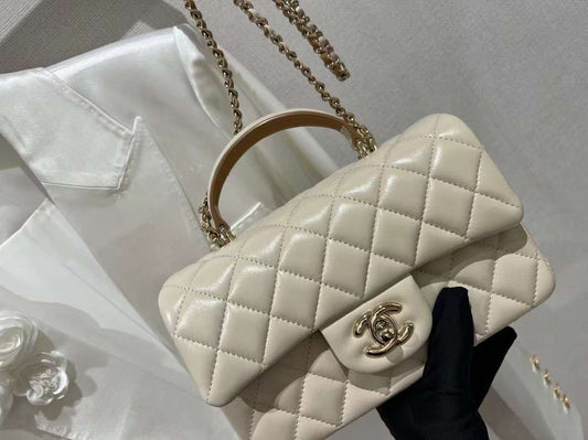 CHANEL Flap Bag With Top Handle Beige Size 20x9x13 cm