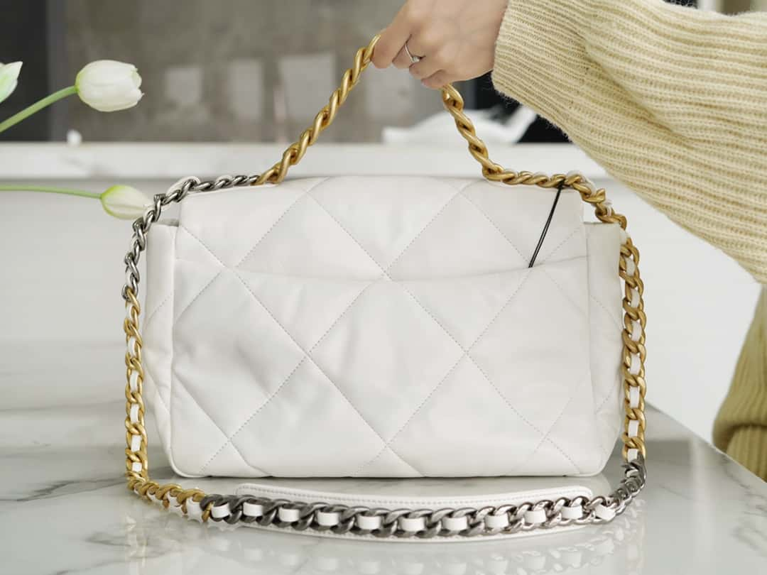 Chanel 19 Large Handbag Lambskin Gold AS1161 White