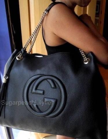 Logo Chain Handbag Black Leather Tote Bag