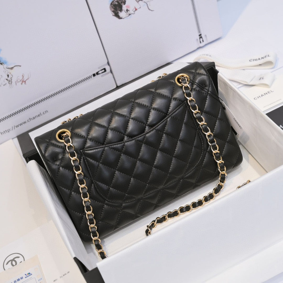 CHANEL Classic Double Flap Black Lambskin Gold Hardware A01112 25cm