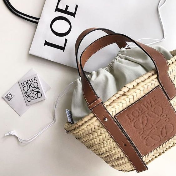 Loewe Brown/Cream Raffia and Leather Basket Tote