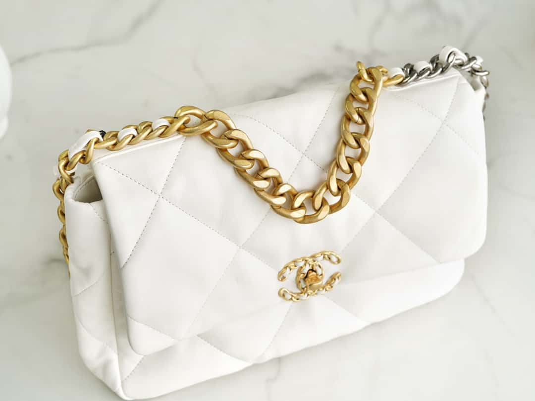 Chanel 19 Large Handbag Lambskin Gold AS1161 White