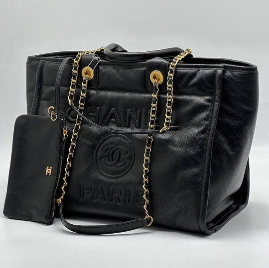 Chanel Deauville em Couro Preta Italiana Bag