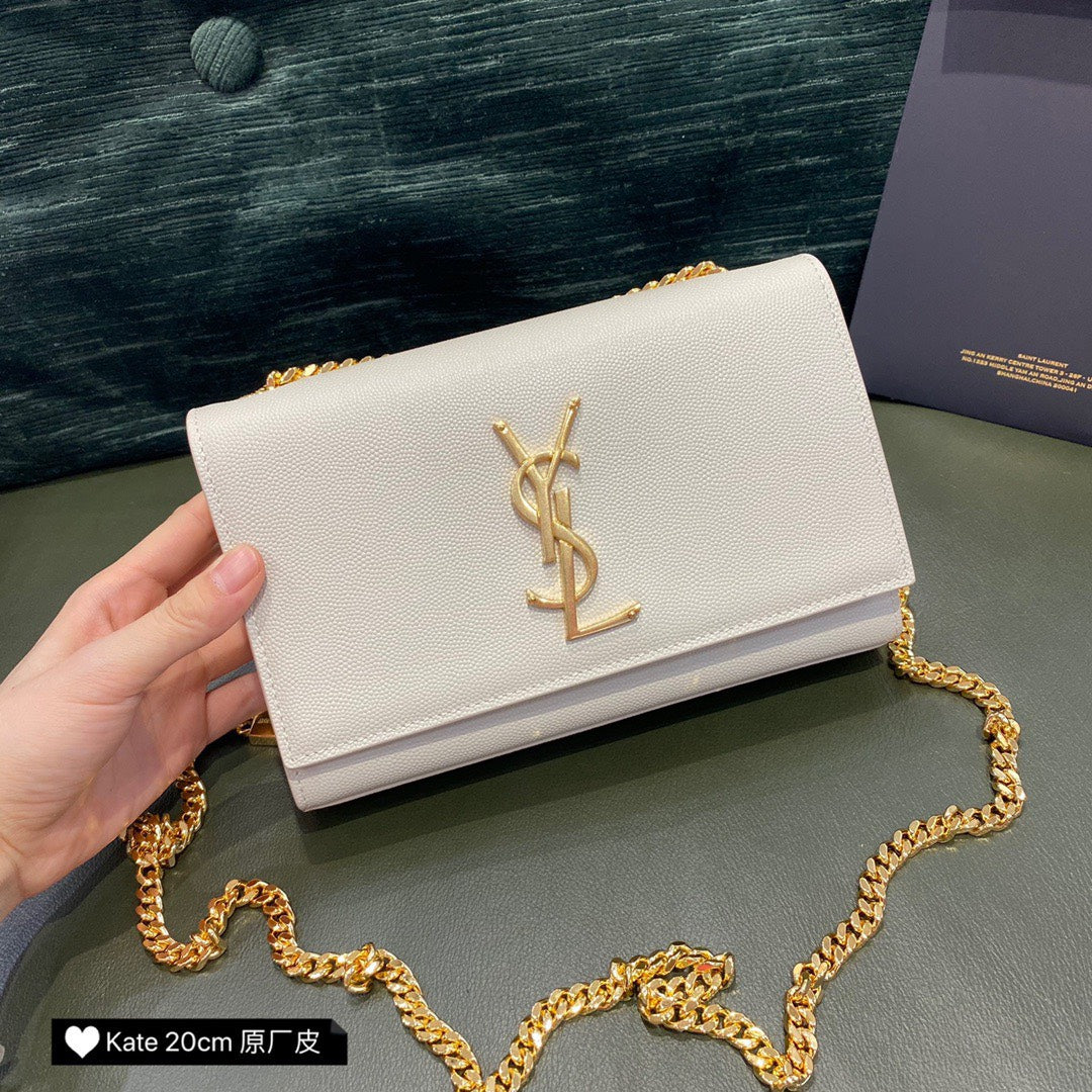 YSL Kate Small White Chain Bag In Grain De Poudre Embossed Leather 20 x 12.5 x 5 cm