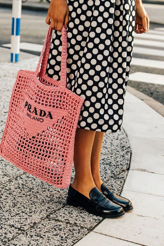 Prada Women's Natural Crochet Tote Bag-Pink