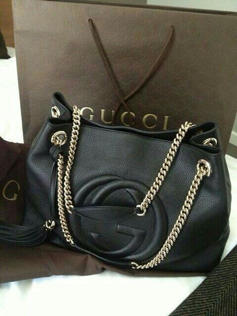 Logo Chain Handbag Black Leather Tote Bag