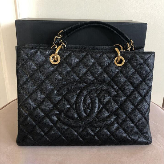 Authentic Chanel CC BlackGold Caviar Quilted Grand Shopping Tote