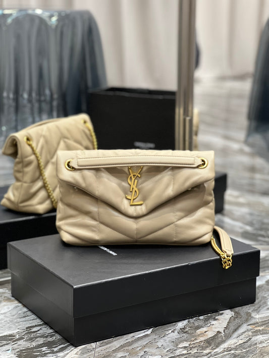 YSL Medium 29 Loulou Puffer Beige Lambskin Gold Hardware 29x17x11cm