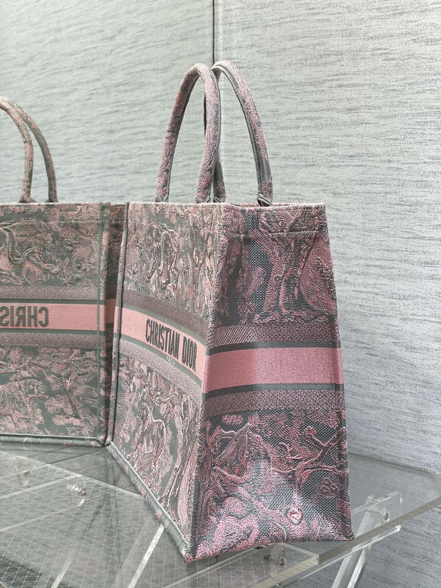 Dior Book Tote Large Gray and Pink Toile de Jouy Reverse Beverly Hills Embroidery - 42 x 35 x 18.5 cm