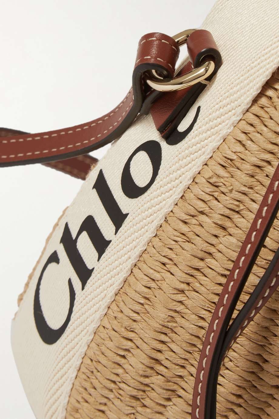 CHLOÉ Woody small leather-trimmed raffia basket bag