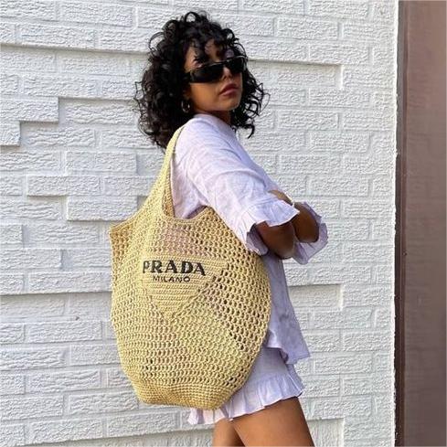 Prada Raffia Tote Bag-Khaki