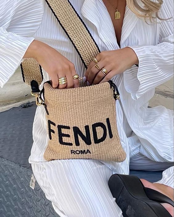 Fendi Logo Drawstring Bag Raffia