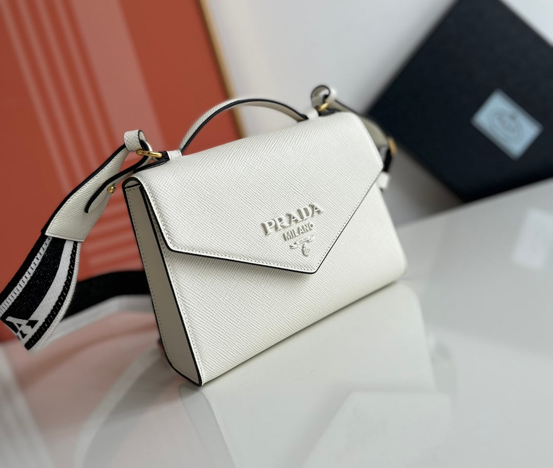 Prada Monochrome Saffiano 21 Leather Bag in White 21x14x6.5cm