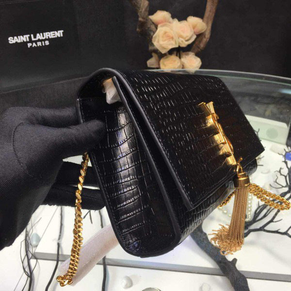 YSL Monogram Kate 24 Black Crocodile Shiny Pattern Bags 24 x 15 x 5cm