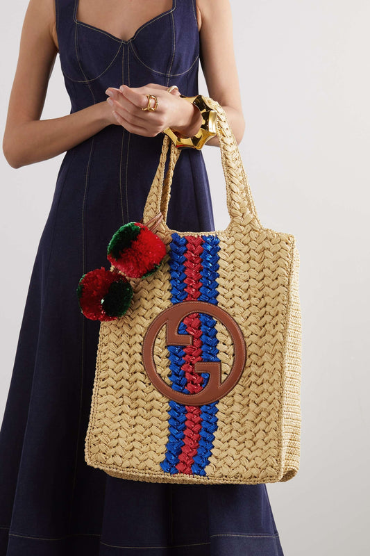 GUCCI Embellished leather-trimmed crocheted raffia tote