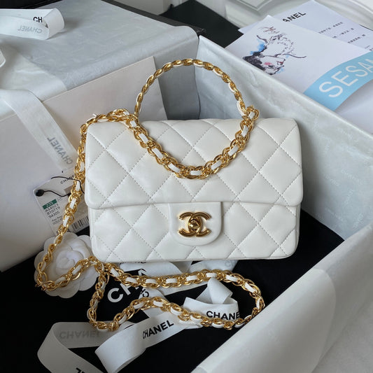 Chanel Flap Bag Gold Top Handle White - 13X21X8cm