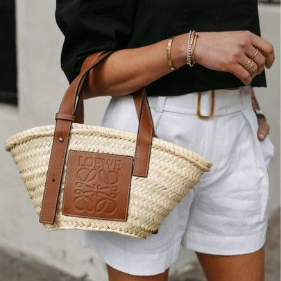 Loewe Brown/Cream Raffia and Leather Basket Tote