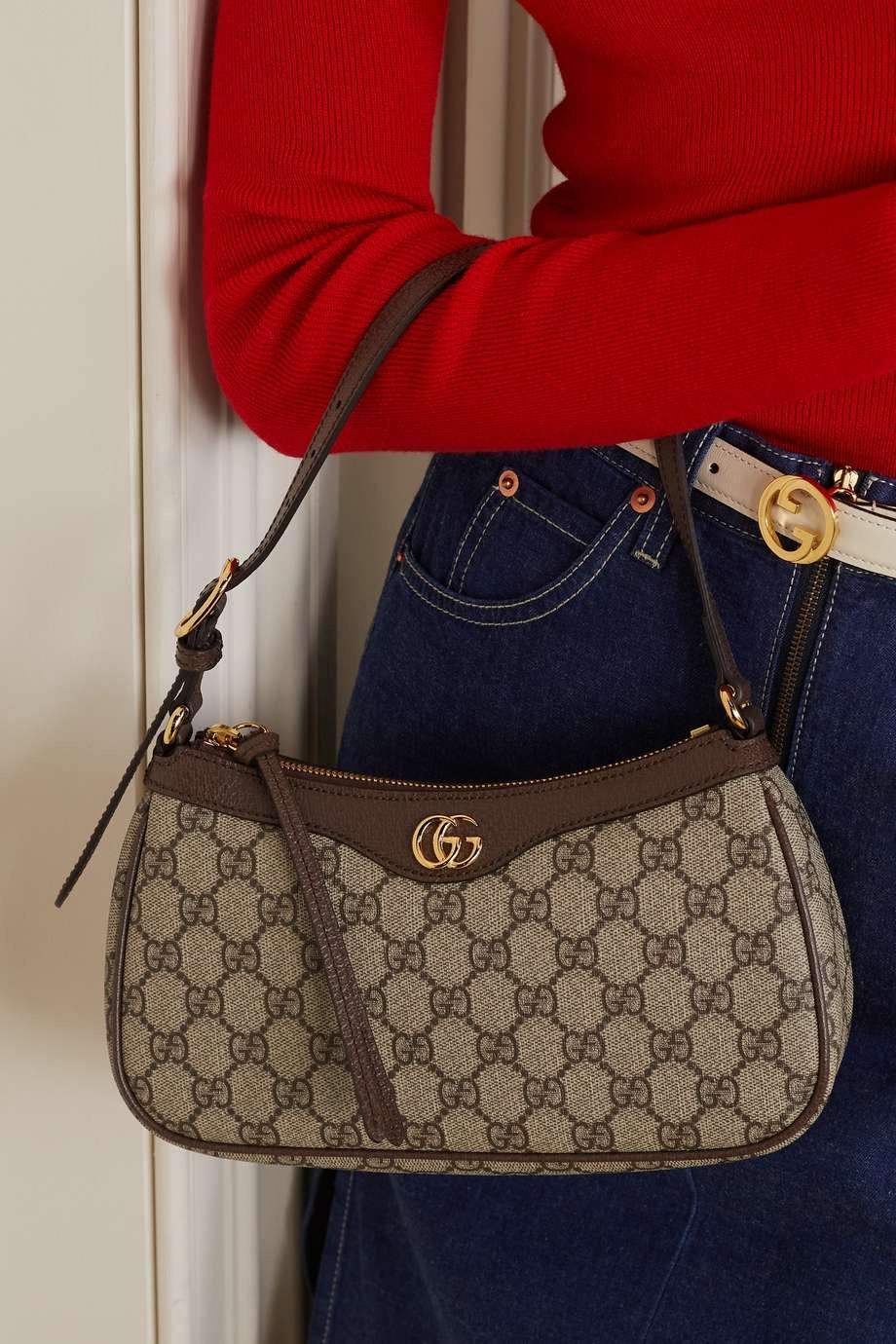 GUCCI Ophidia embellished textured leather-trimmed printed coated-canvas shoulder bag