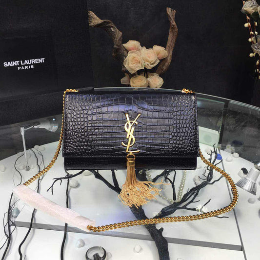 YSL Monogram Kate 24 Black Crocodile Shiny Pattern Bags 24 x 15 x 5cm