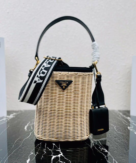 Prada Wicker And Canvas Bucket Bag TanBlack size 18x19x11 cm