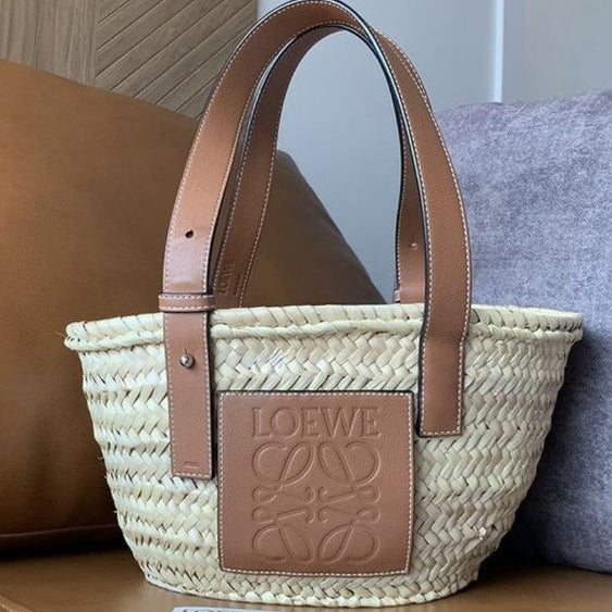 Loewe Brown/Cream Raffia and Leather Basket Tote