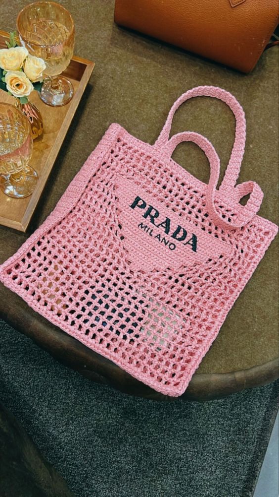 Prada Women's Natural Crochet Tote Bag-Pink