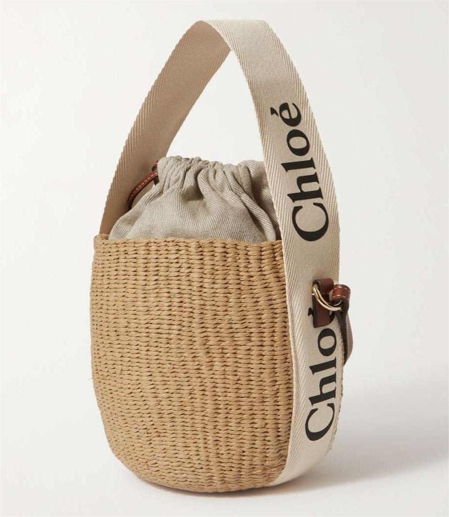 CHLOÉ Woody small leather-trimmed raffia basket bag