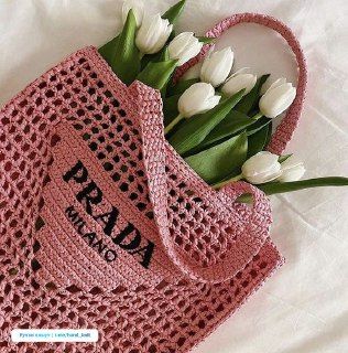 Prada Women's Natural Crochet Tote Bag-Pink