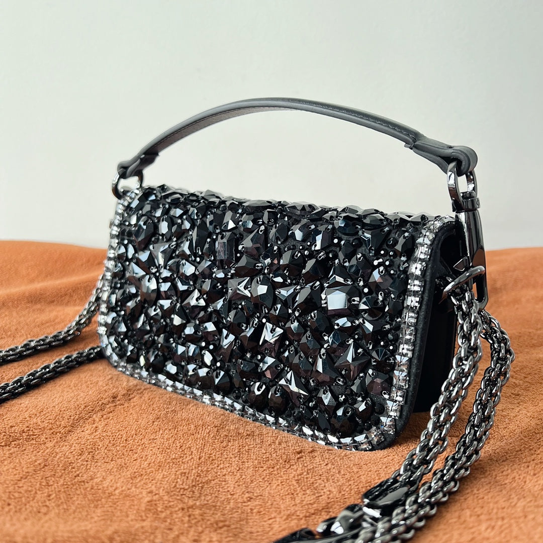 Valentino Garavani Mini Locò Black Crystal - 19 x 10.5 x 5 cm