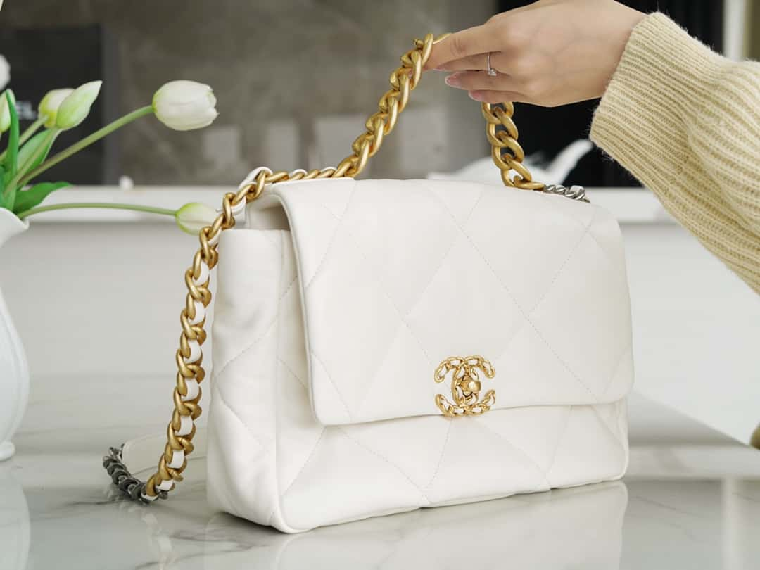 Chanel 19 Large Handbag Lambskin Gold AS1161 White