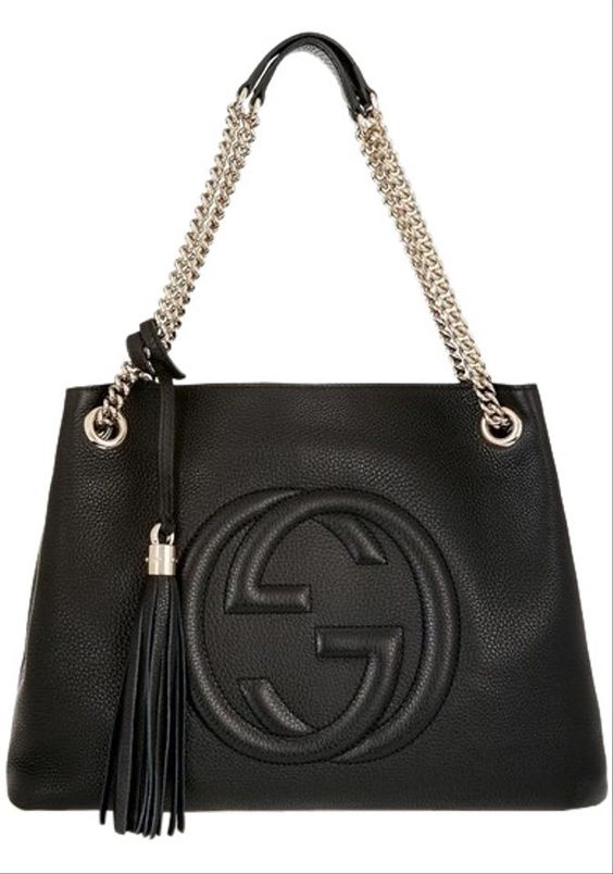 Logo Chain Handbag Black Leather Tote Bag