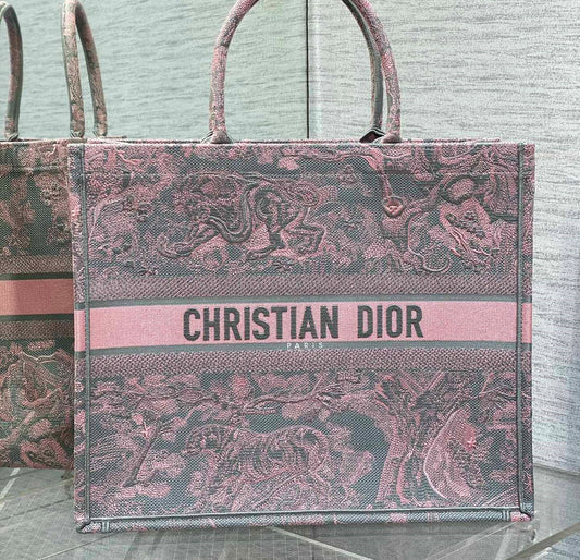 Dior Book Tote Large Gray and Pink Toile de Jouy Reverse Beverly Hills Embroidery - 42 x 35 x 18.5 cm