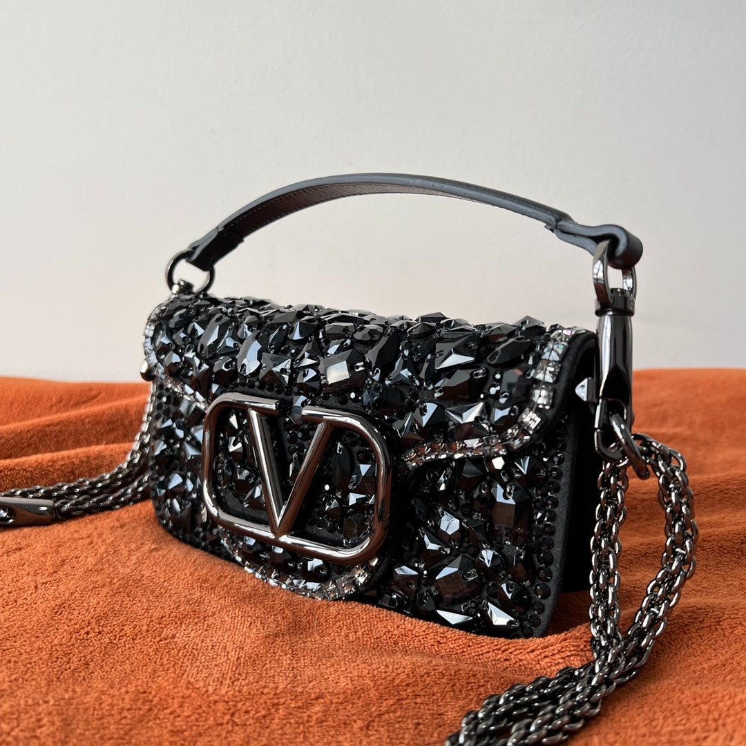 Valentino Garavani Mini Locò Black Crystal - 19 x 10.5 x 5 cm