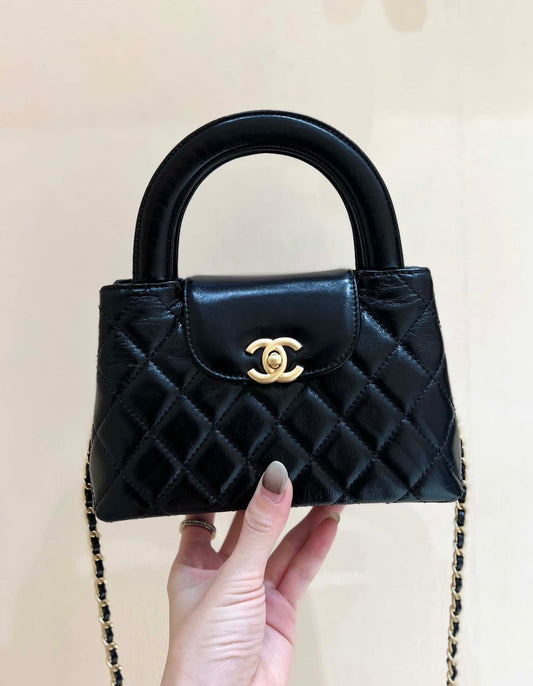 Chanel Kelly Mini Shopping Bag Mini 23K Shiny Aged Calfskin Black 13x19x7cm