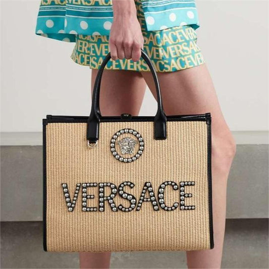 VERSACE Medusa leather-trimmed embellished raffia tote