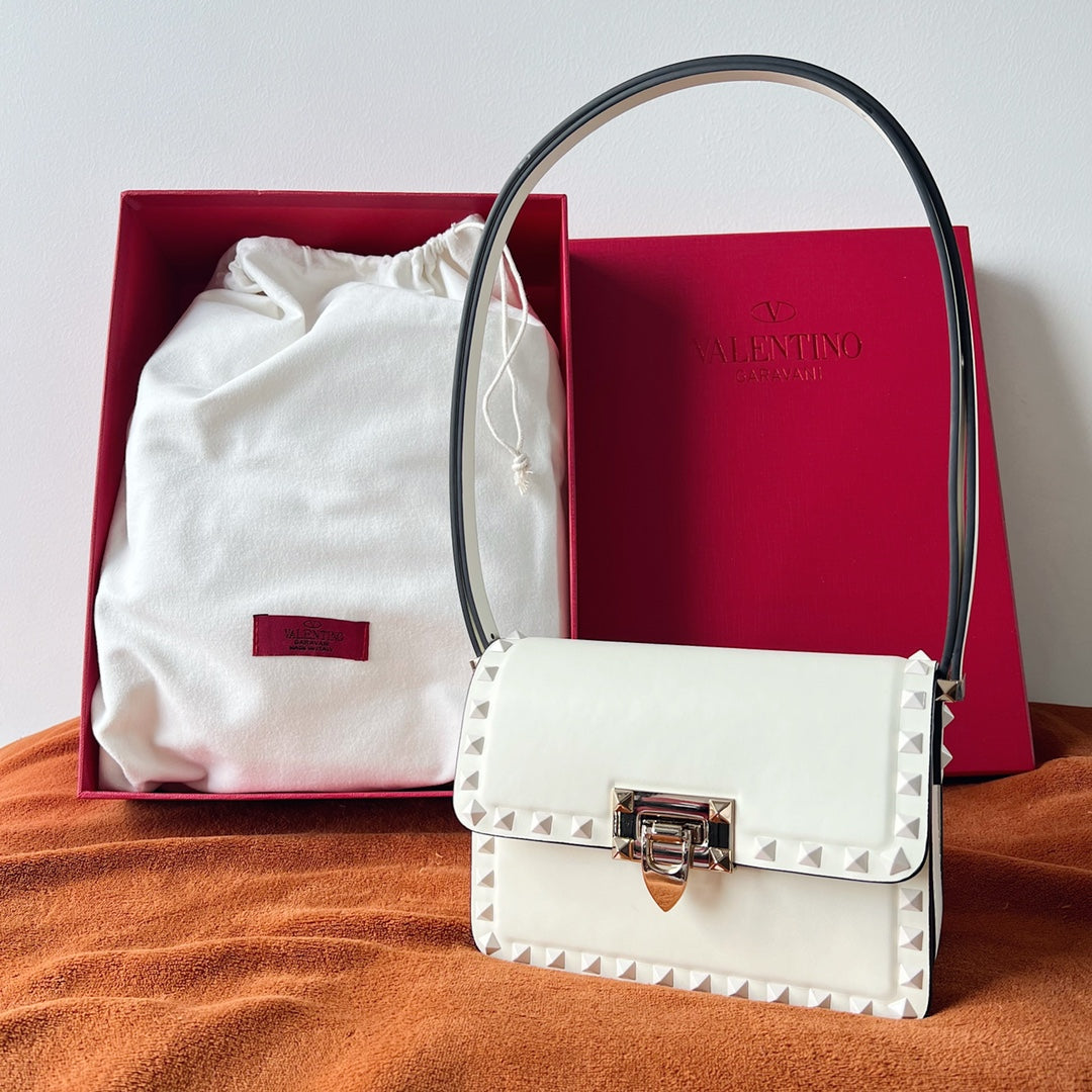 Valentino Garavani Rockstud Shoulder White Bag - 18.5x12x8cm