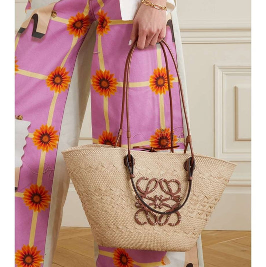 LOEWE + Paula's Ibiza medium leather-trimmed woven raffia tote