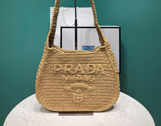 Prada Raffia Round Tote - 30x24x4.5cm