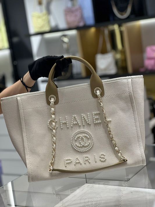 Chanel Natural Canvas and Tan Leather Large Pearl Deauville Tote - 30x39x22cm